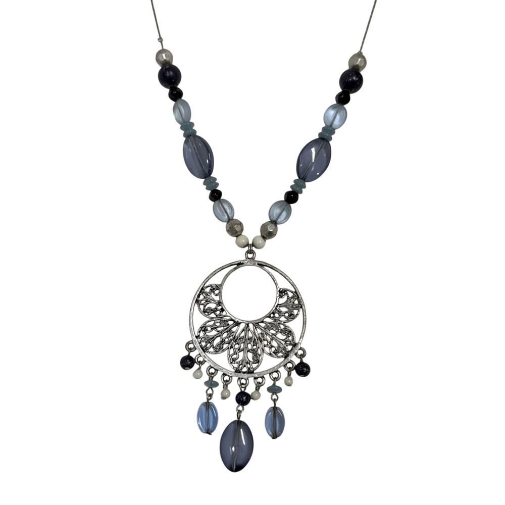 Silver Tone Blue Pastic Bead Artsy Statement Necklace Long